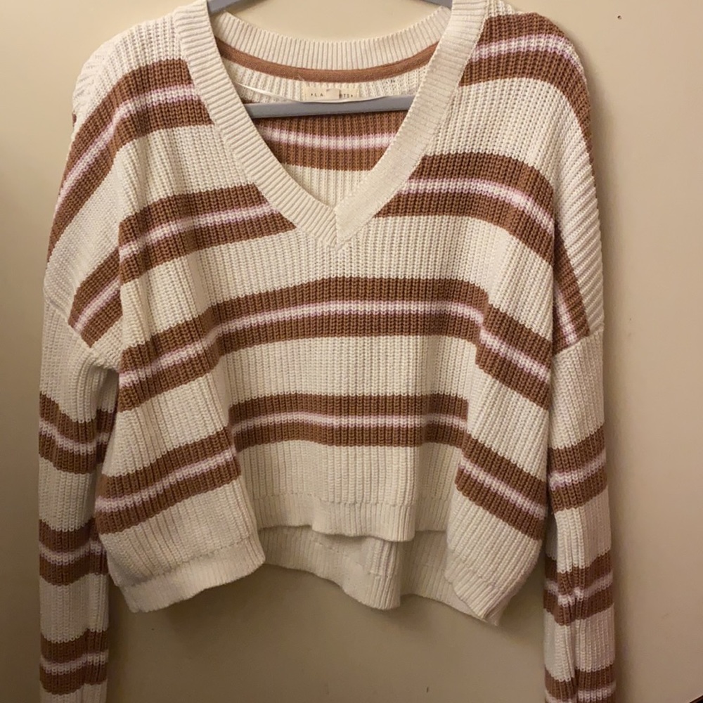 white, pink, and beige striped sweater size M